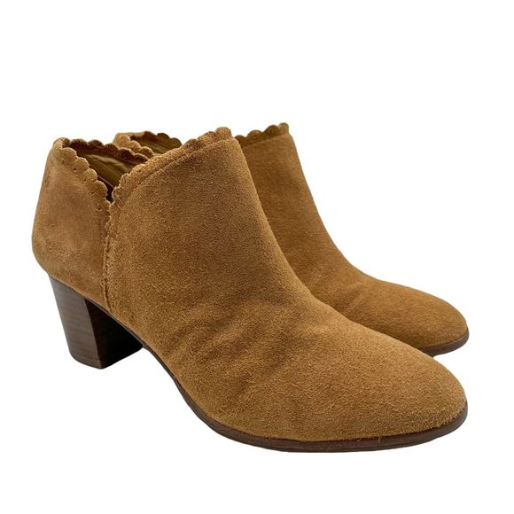 Jack Rogers Marianne Suede Scallop Trim Heeled Ankle Bootie Tan - Picture 5 of 14
